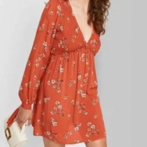 Wild Fable Burnt Orange V-Neck Bishop Sleeve Dress Size Medium NWT - Picture 3 of 9